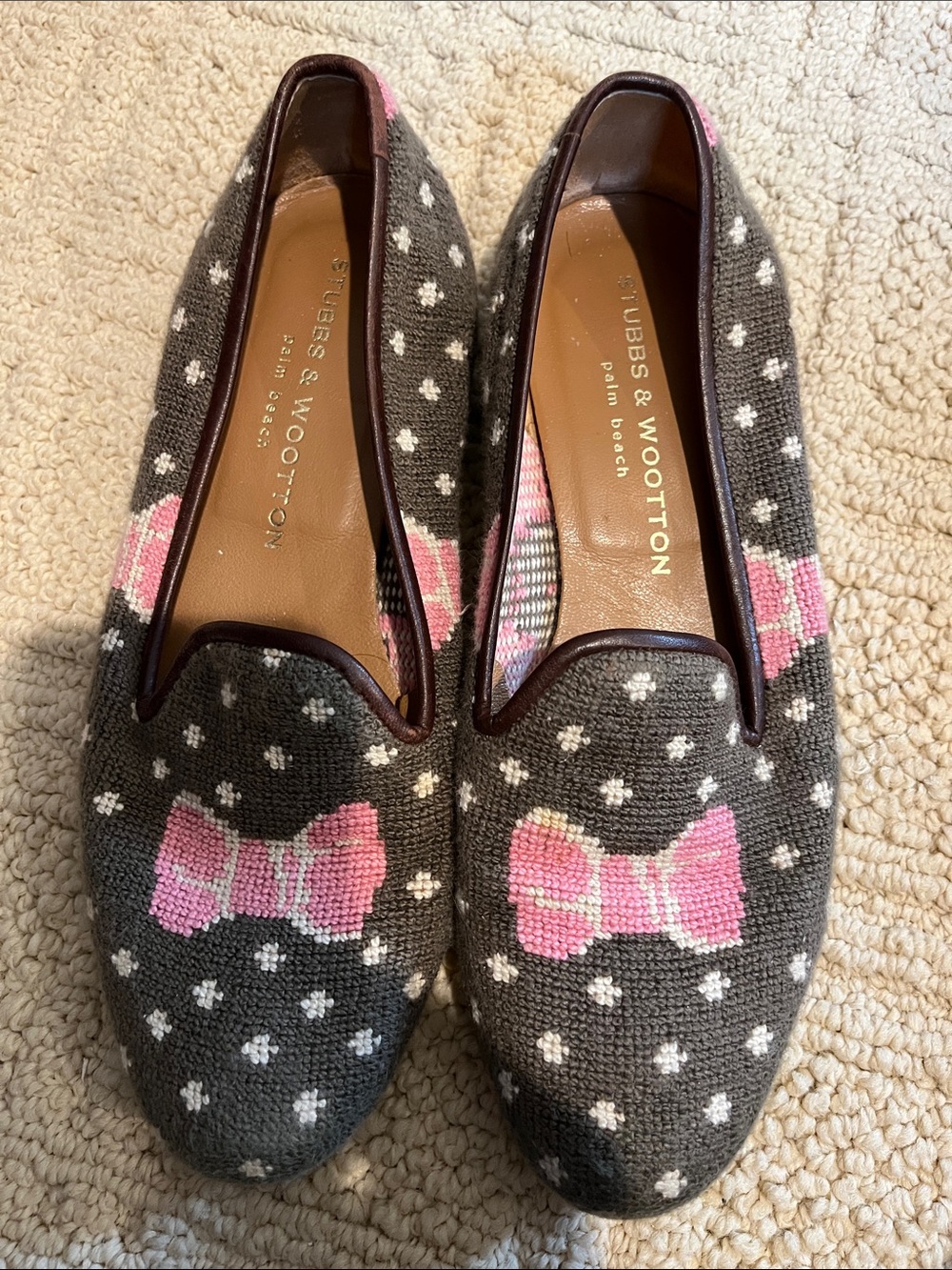 Stubbs & Wootton Gray Knit Loafers with Pink Bow Accents size 7